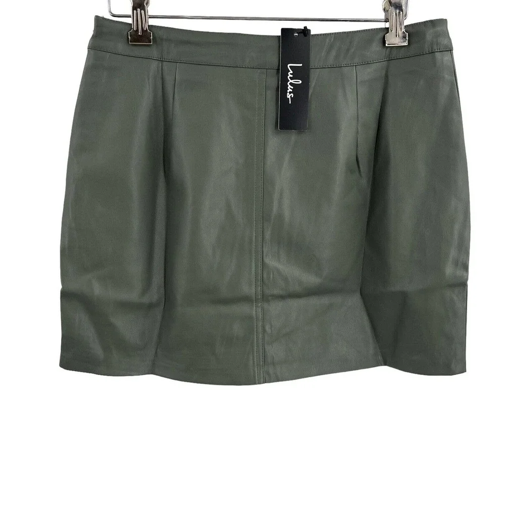 Lulus Most Fab Vegan Leather Button-Front Mini Skirt‎ Olive Green Small New